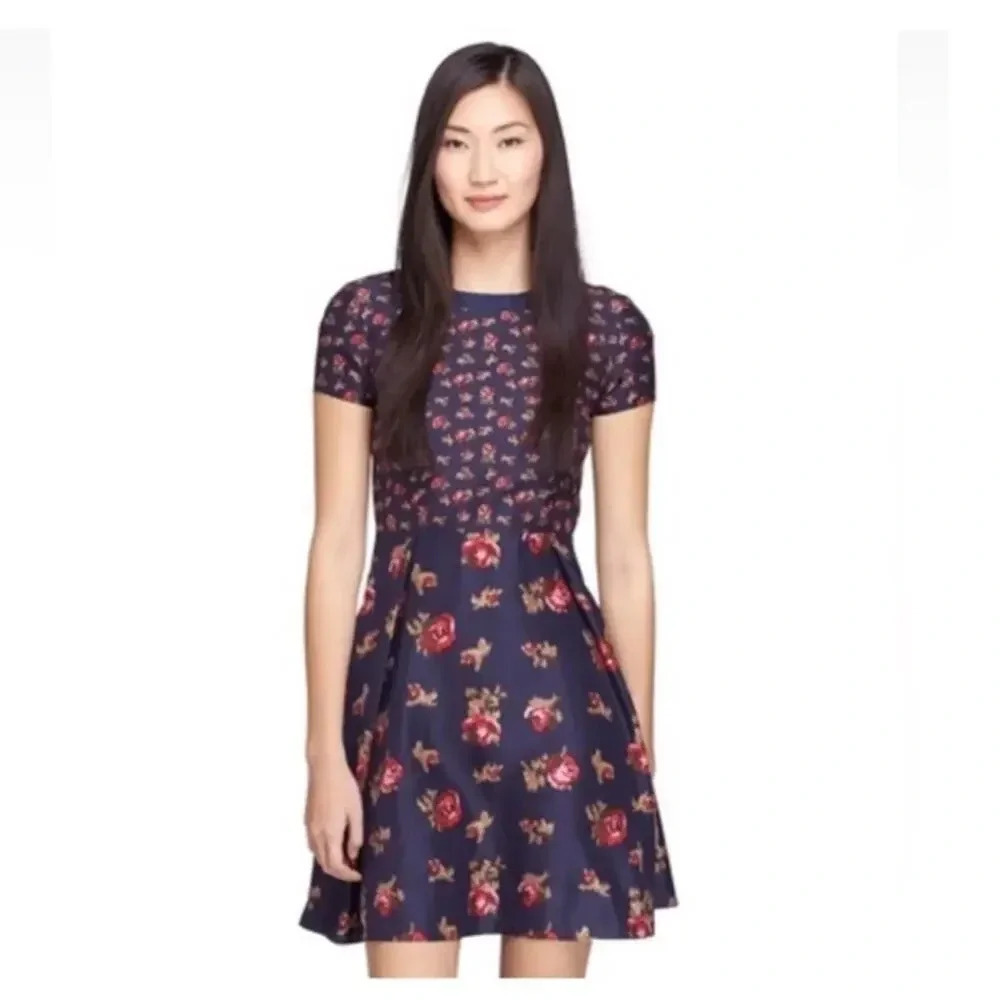 Brooks Brothers Red Fleece Floral Silk Dress Size 8 Navy Red Classic Pretty - Picture 5 of 9